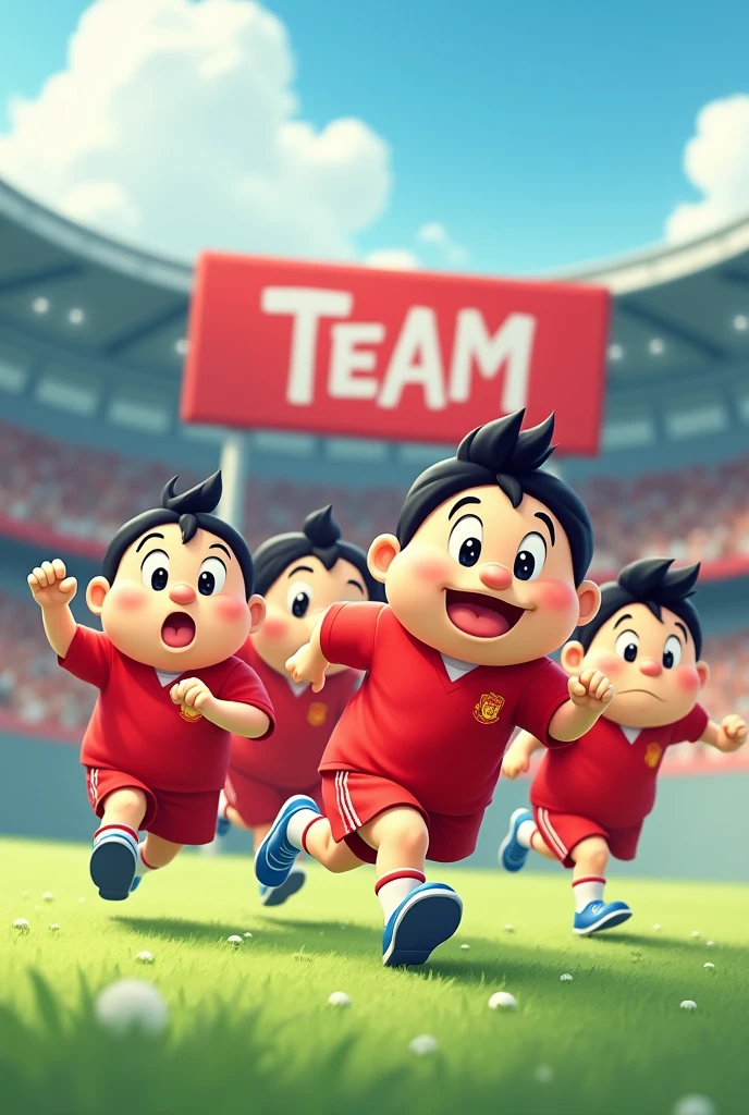 4 people with shinchan cartoon faces wearing red sports shirts in the running field area and there is a red Team sign
