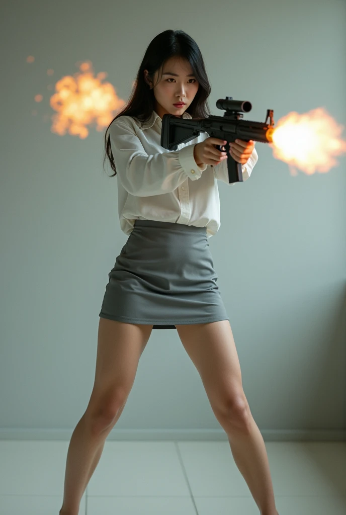 beautiful chinese office lady white shirt grey mini skirt realistic machine gun toting hip firing real person legs apart standing rampage shooting serious expression side target shouting