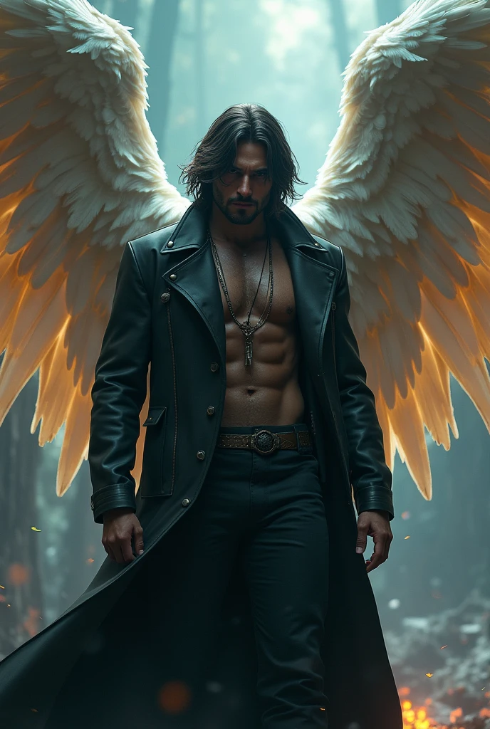 Un homme beau, cheveux mi long noir pas trop musclé avec des ailes d'ange et habillé en mercenaire