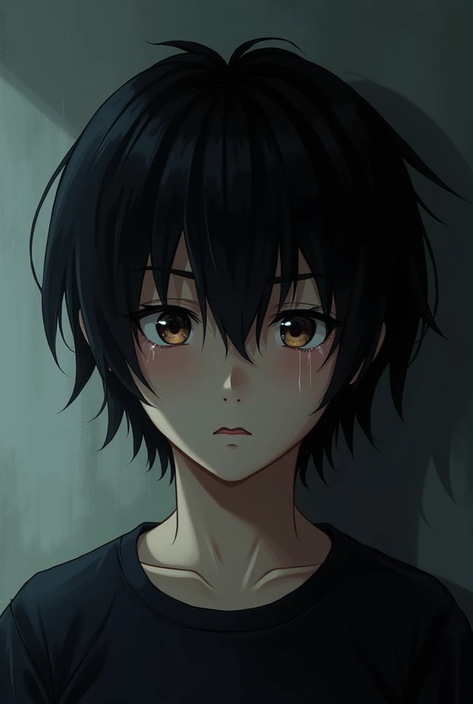 Male teenager in black t-shirt with shoulder length black hair crying