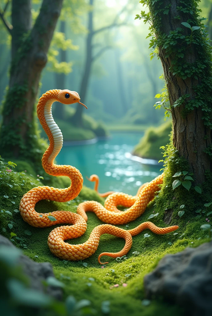 Snakes made by noodles in a green Forest with grassy ground and blue water lake