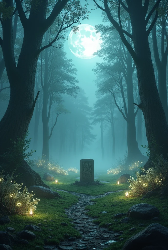 "Ethereal forest clearing, bioluminescent plants, mist-covered ground, moonlit sky, ancient stone tablet with legible runes"