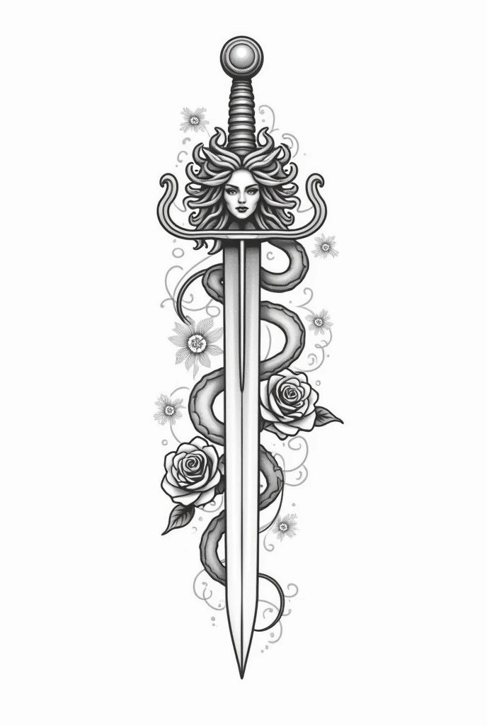 simple linework tattoo of medusa on top of a sword with roses around it
