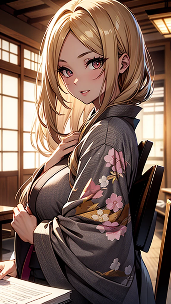 A beautiful blonde girl in a kimono studying at her desk, (1girl:1.3), Masterpiece, Best quality, amazing beauty, [[3D]], 4K, absurdres, finely detail, super detailed eye, perfect anatomy, official art, cinematic lighting, BREAK, Japanese-style room, silky long hair, forehead, blonde, super shiny detailed black eye, big eyes, sparkle(in the eyes), thin eyebrow, Gazing into the Distance, open-mouth, plump lips, Mascara, False eyelashes, pink lips, eyewear, happy face, BREAK , usually, tall, slender, fair skin, sitting chair, upper body, from side, BREAK , , BREAK,(kimono:1.3)