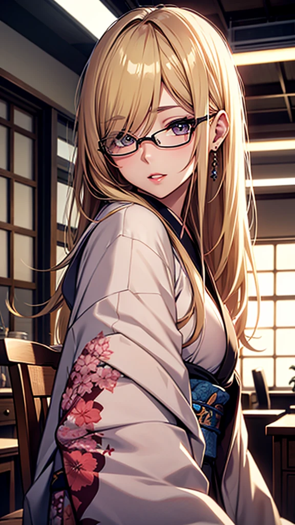 A beautiful blonde girl in a kimono studying at her desk, (1girl:1.3), Masterpiece, Best quality, amazing beauty, [[3D]], 4K, absurdres, finely detail, super detailed eye, perfect anatomy, official art, cinematic lighting, BREAK, Japanese-style room, silky long hair, forehead, blonde, super shiny detailed black eye, big eyes, sparkle(in the eyes), thin eyebrow, Gazing into the Distance, open-mouth, plump lips, Mascara, False eyelashes, pink lips, eyewear, happy face, BREAK , usually, tall, slender, fair skin, sitting chair, upper body, from side, BREAK , , BREAK,(kimono:1.3)