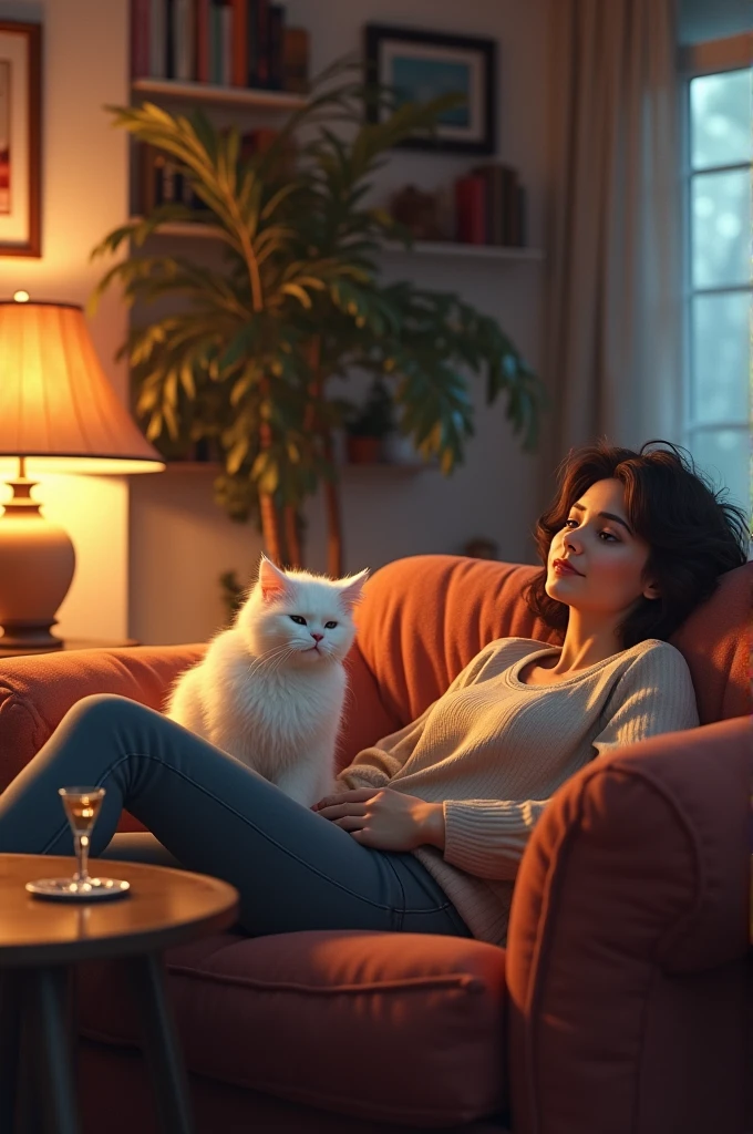 A cozy living room with the cat's owner sitting on a couch and a mysterious drink on the table. White cat