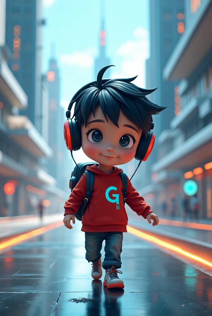 a male child, white black hair parted on the side,  with black and red headphones, red shirt with the letter G in blue.
Walking on a futuristic road. Carrying a large watch on his back