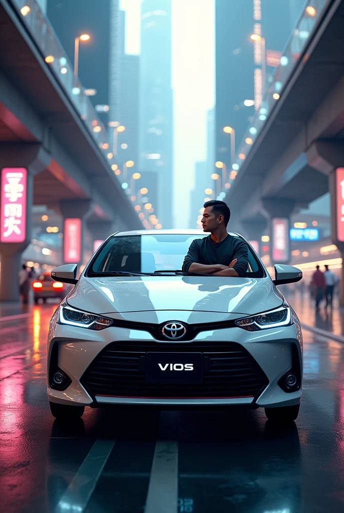 Toyota vios in xityscape background with a man who is sitting