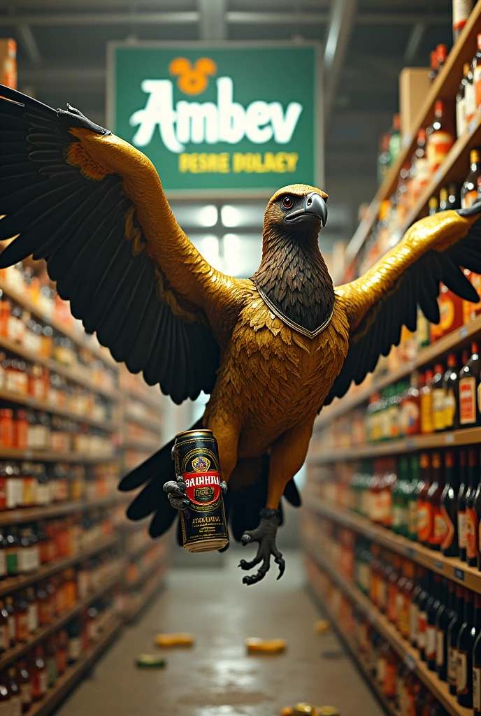 a vulture flying with golden armor with a can of Brahma beer in an Ambev liquor store with several bottles on the floor