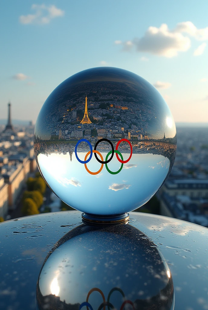 a look overlooking the sky, reflecting the image of the city of Paris and also mirroring in the crystal of the eye The Olympic rings are also known as Olympic rings