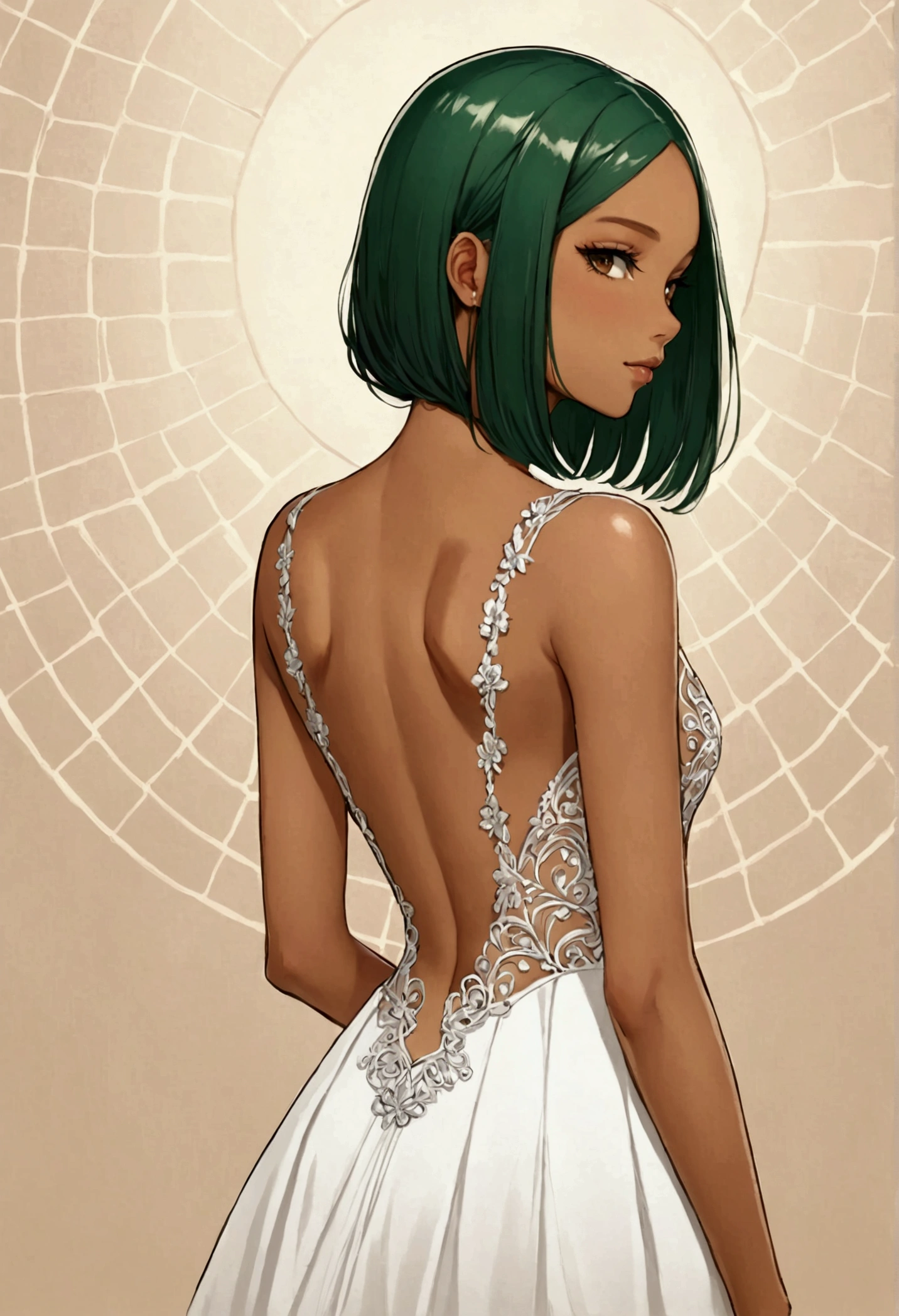 Tan skin Girl Back view shoulder length
dark green hair with blunt ends