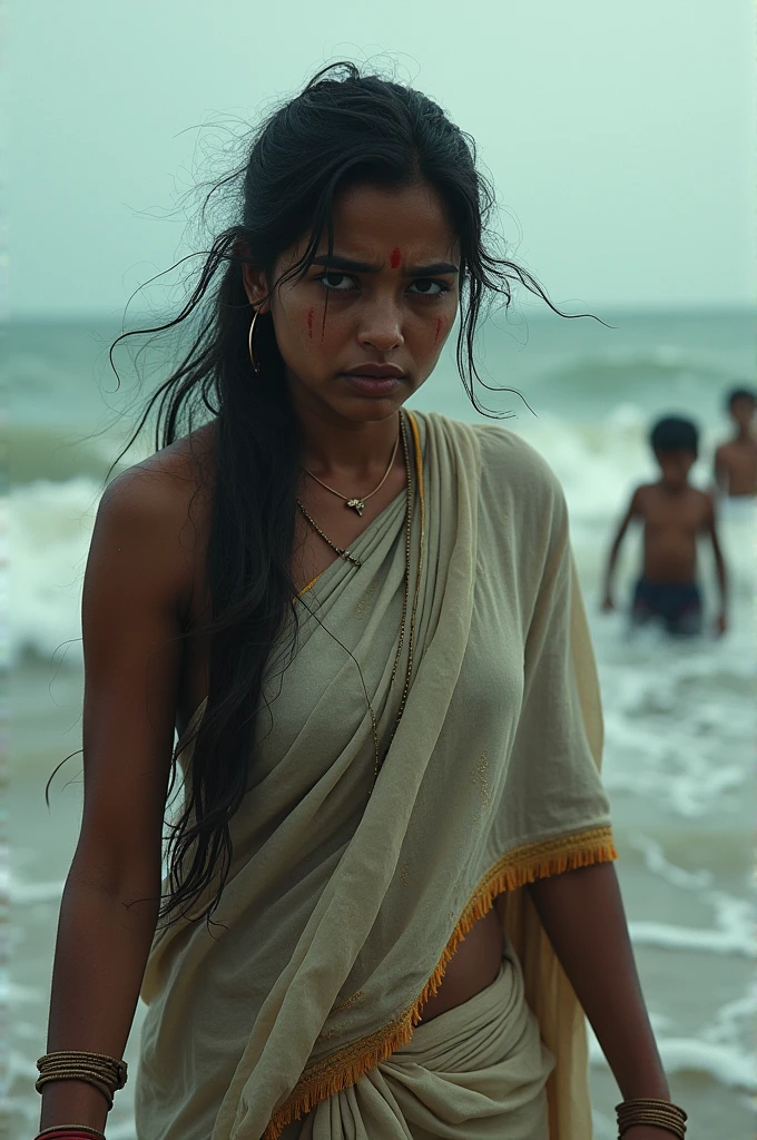 A 3 woman is crying on the sea shore. That woman is wearing a torn saree. Three are drowning in the sea in front of that woman. The age of the child isears.