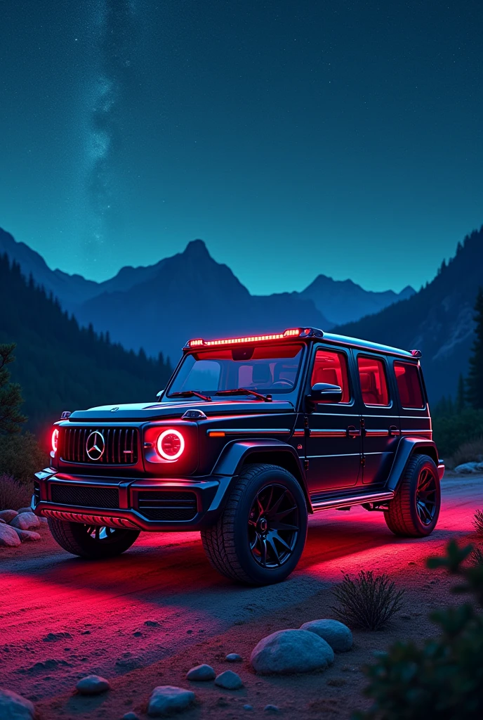 Mercedes-Benz G-Class, with body kit parked in the wilderness under a starry sky and neon lights. dhow me the right side of vehicle 