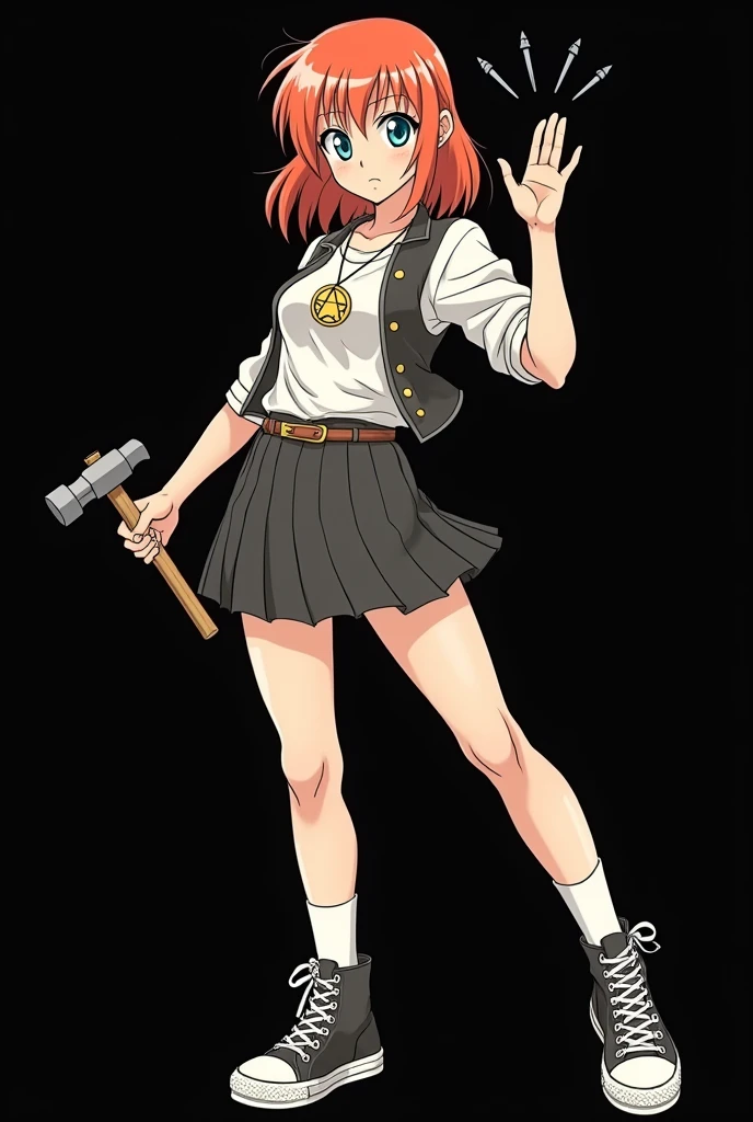 A full body image of an 1 girl named Hana Watanabe, personagem do anime "dragonball z", she is very beautiful, with medium length straight fire-colored hair with two white highlights in the front, framing your face. She has blue-green eyes and pale skin.. she is a Wiccan, she is in fighting pose. she wears a pentagram necklace, croped, glued skirt, beautiful women&#39;s high-top shoes and ¾-long socks, she holds a common nail hammer and nails. It is drawn with Akira Toryama&#39;s animation. black backdrop.