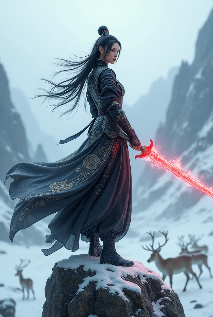 (masterpiece, best quality, beauty, best ratio, best shadows,best Illustration, wallpaper size,1080×2400 pixels)
uhd, china female kungfu, korean beauty like tae yon, dancing, full posture fully visible, shining blue eyes, windblown hair, wear black mate full general armory with elegant swans emblem, hand holding a sword emits red energy, on top of the snowing pillar. morning sky snowing mountain,deer seen on far away. use the RenderMan renderer.digital art. High definition, high contrast,high color saturation,128k,cinematic lighting, intricate,cinematic advertising photograph,cinema lens,high res.