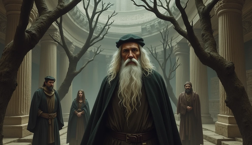 Michael Nostradamus has an oval face and a serious expression, a long beard and long dark, wavy white hair. He usually wears 16th century clothing, including a cloak or cape and a beret-type hat. His eyes are piercing and contemplative. in a temple thinking with 2 friends full of dry trees