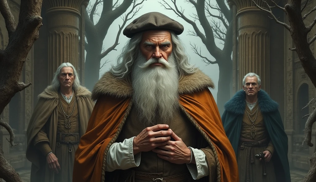 Michael Nostradamus has an oval face and a serious expression, a long beard and long dark, wavy white hair. He usually wears 16th century clothing, including a cloak or cape and a beret-type hat. His eyes are piercing and contemplative. in a temple thinking with 2 friends full of dry trees