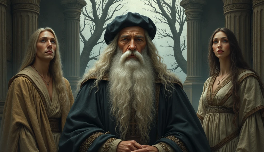 Michael Nostradamus has an oval face and a serious expression, a long beard and long dark, wavy white hair. He usually wears 16th century clothing, including a cloak or cape and a beret-type hat. His eyes are piercing and contemplative. in a temple thinking with 2 friends full of dry trees