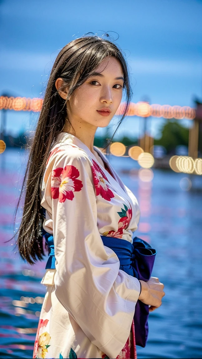 Masterpiece, best quality, ultra high resolution, hyper realistic, realistic, (photorealistic:1.4), masterpiece of analog film photograph a girl, long black hair, blunt bangs, taken by Hideaki Hamada using Pentax 67II and Kodak Portra, medium shot, looking to viewer, standing by a riverside at night, watching fireworks, She is dressed in a traditional, elegant yukata with a floral pattern and an obi sash, The background shows colorful fireworks lighting up the night sky, reflections on the water, and people in the background enjoying the festival, High-resolution, realistic depiction, with a touch of elegance and allure, anatomically correct