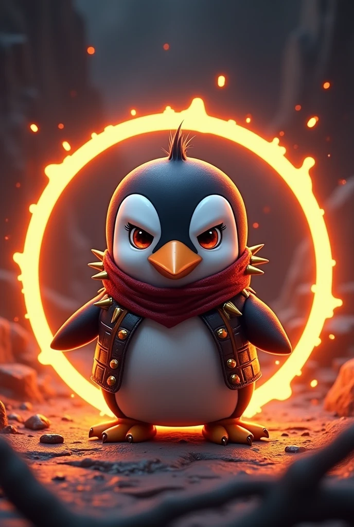 Cute penguin framed with a killer fighter look with a round illuminated frame in bright purple with a dark background with magma cracks