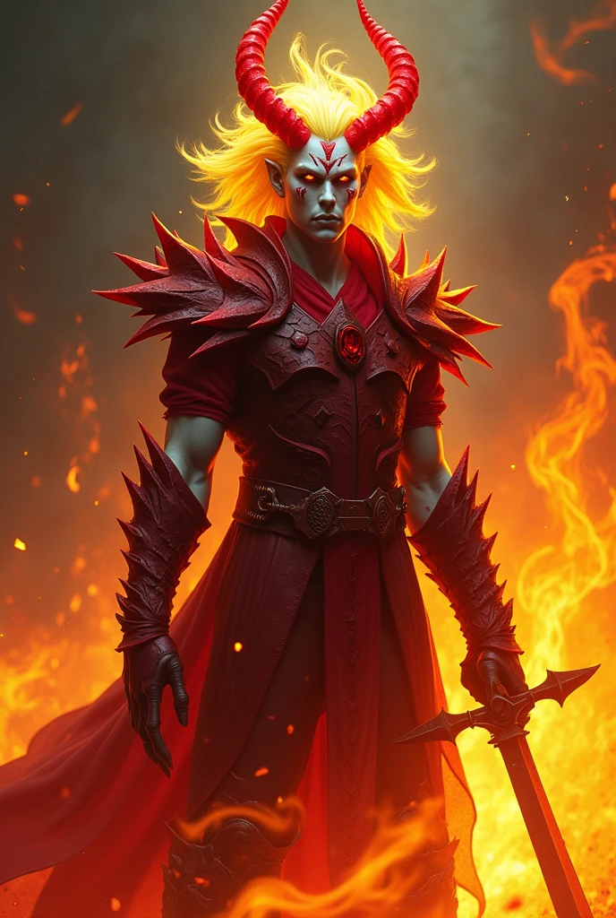 Uzoth Blox fruit admin with yellow flammable hair and red horn white skin and vampire tooth two red marks in his cheeks and red which clothing and a red mark in his head with cute smile holding an dark balde in his hand with his back and flames are all around him and he is brutal