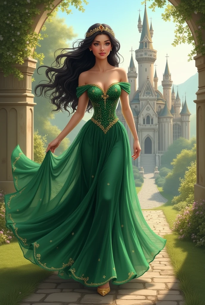 Princess with dark hair and green and gold dress walking with a castle in the background 