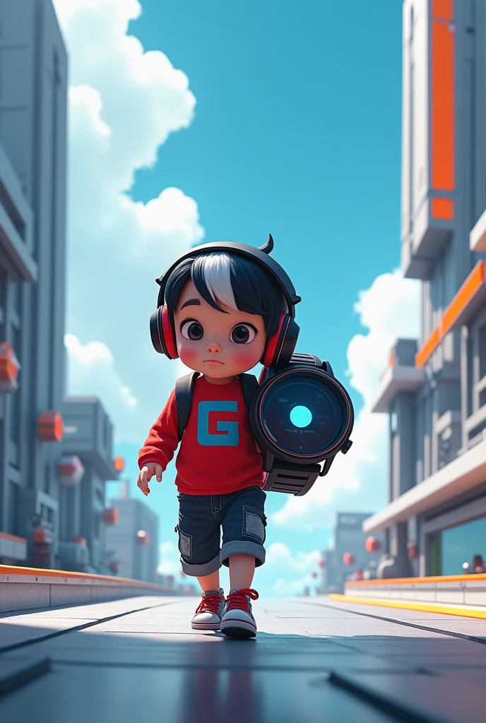 a male child, white black hair parted on the side, with black and red headphones, red shirt with the letter G in blue.
Walking on a futuristic road. Carrying a large watch on his back