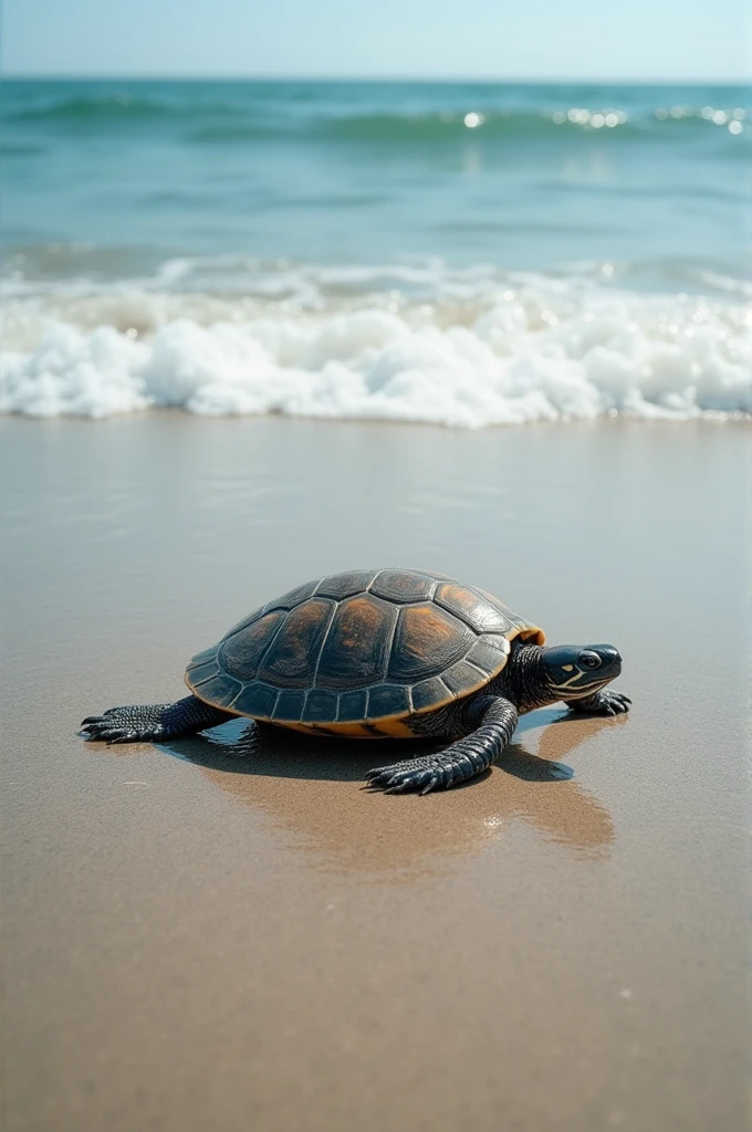 See the turtle on the shore, walking slowly, oh so sure,
