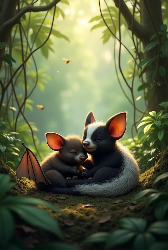 A bat and a skunk in a jungle lying together with their eyes closed. 