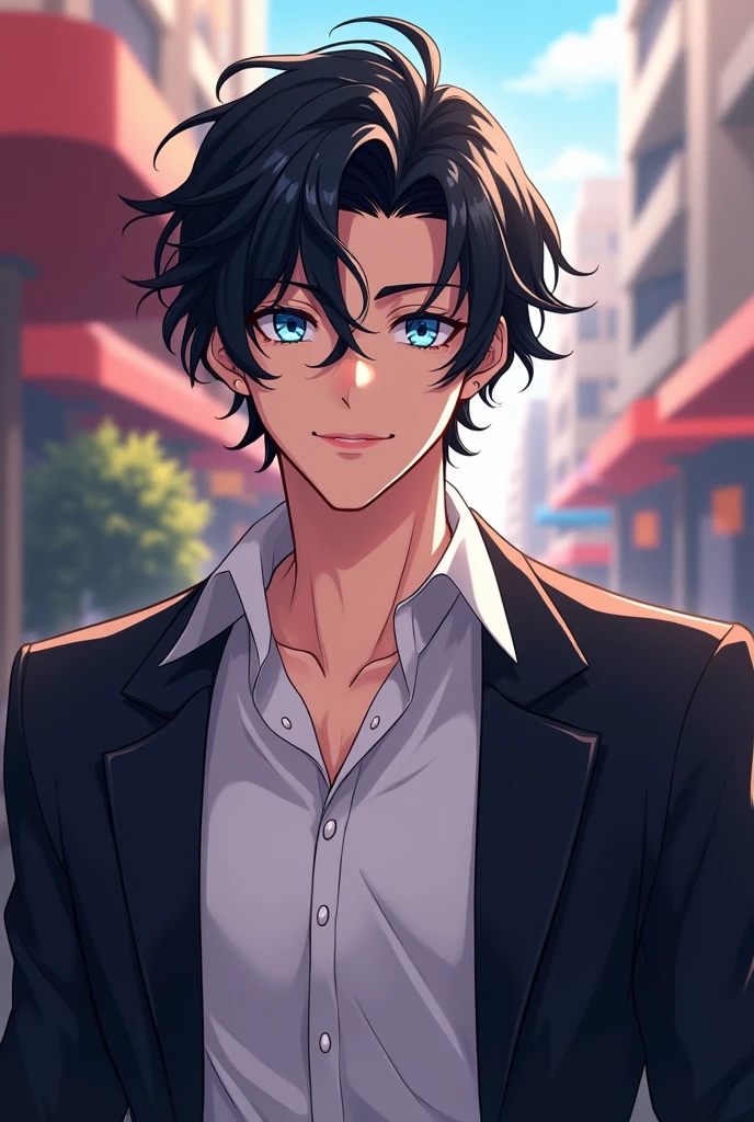 wavy black hair, wearing a white shirt and a stylish black coat. He has light blue eyes and a soft smile, conveying confidence and charm. Digital art in anime/manga style, with a focus on detailed features and a vibrant color palette. The background suggests an urban environment, with soft lighting that highlights the character. The character displays a friendly and seductive expression, with a direct gaze that attracts attention.