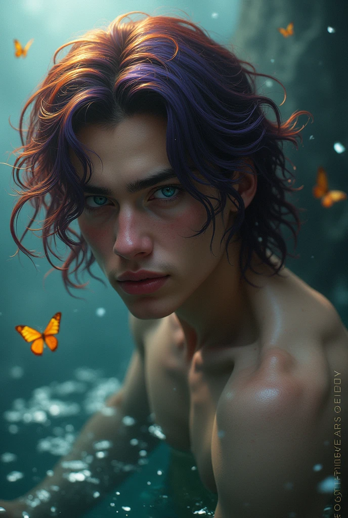 (solo, full body photo:1.3), (action packed:1.3), (haze, fog, mist:1.3), chiaroscuro, best quality, photorealistic, 1 merman, (24yo:1.2), redhead, long dark purple hair highly detailed, 1700'S, digital photography, art by artgerm and ruan jia and greg rutkowski surreal painting gold butterfly filigree, broken glass, (masterpiece, sidelighting, finely detailed Fashionable eyes: 1.2) (perfect oval large eyes that gazes at the viewer), beautiful detailed face, blue gorgeous perfect eyes, (slightly curl hair), (attractive young man:1.3), (thick amazing hair), (seductive:1.1), (blushing:1.1), nake