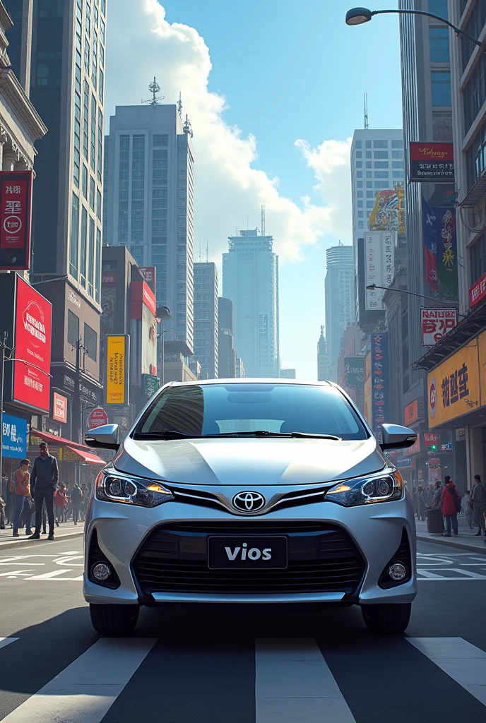 Toyota vios in cityscape background with a man who is sitting at the background
