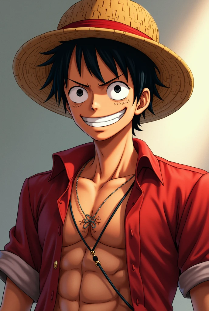 Create an image of Luffy&#39;s full body smiling but already older so that it looks realistic to how he is now