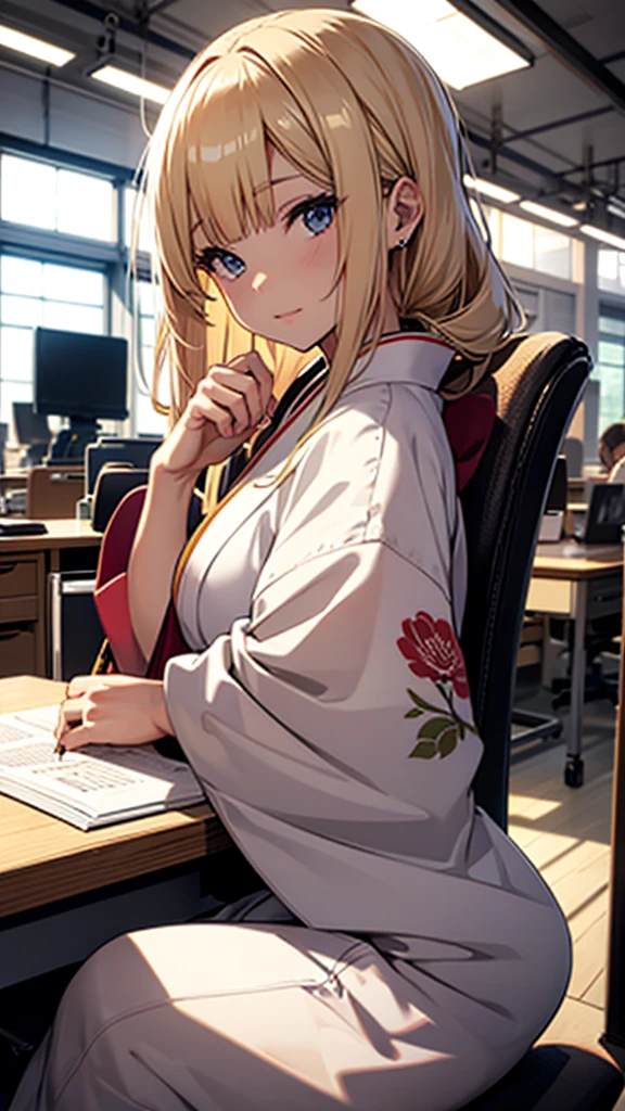 A beautiful blonde girl in a kimono studying at her desk