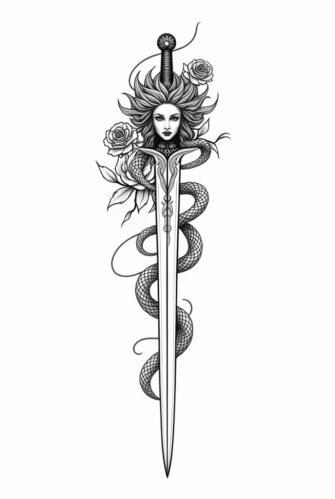 simple linework tattoo of medusa on top of a sword with roses around it