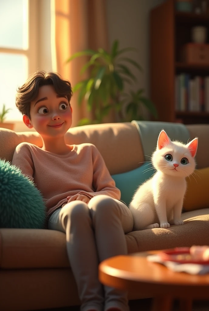 A cozy living room with the cat's owner sitting on a couch and a mysterious drink on the table. White cat Pixar style