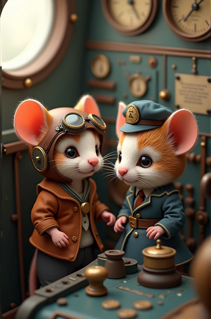 Baby mouse pilot next to baby cat stewardess