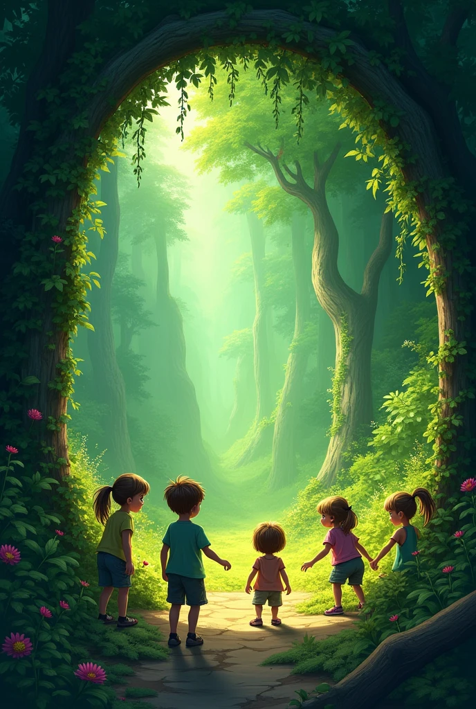 Children entering a hole with plants