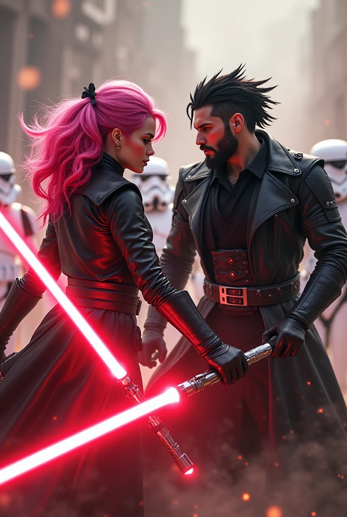 2 persons, pink haired Perona and Mihawk Dulacre with black hedgehog hairstyle and edged beard and red lightsaber that has a blade in cross shape fighting an army of Stormtroopers