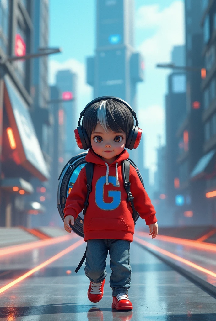 a male child, white black hair parted on the side, with black and red headphones, red shirt with the letter G in blue.
Walking on a futuristic road. Carrying a large watch on his back
