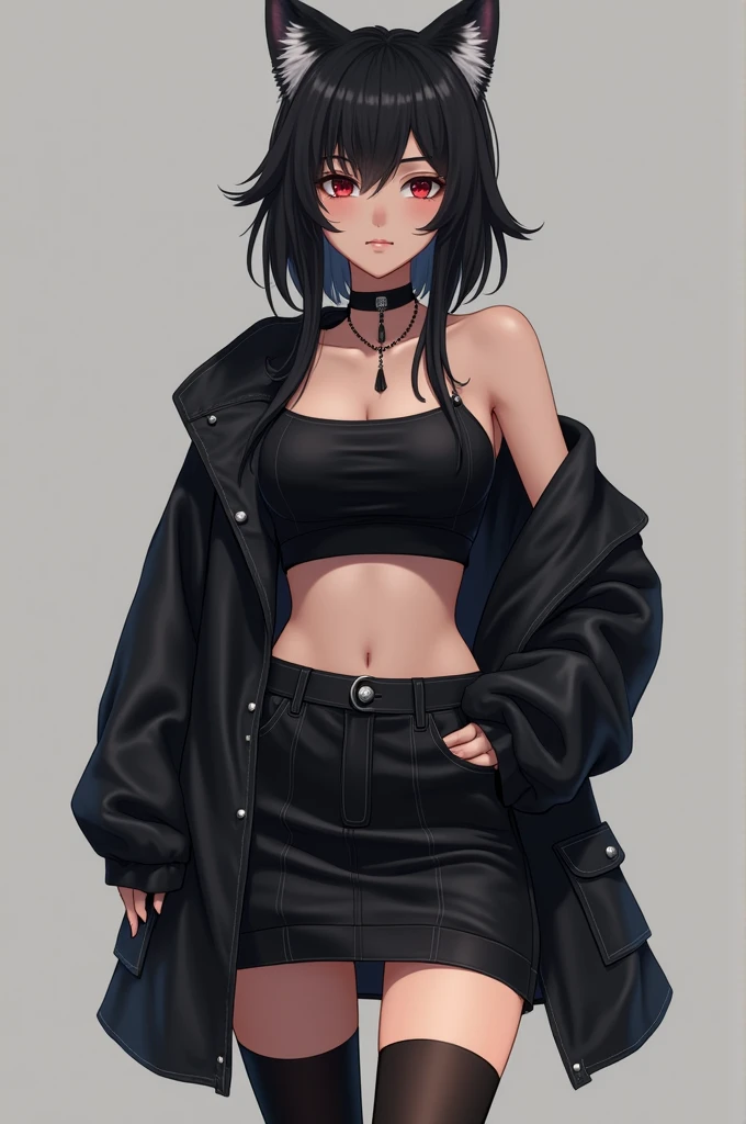 An image of Gawr Gura, the shark vtuber, wearing a black crop top and a black miniskirt. The crop top is fitted, exposing a moderate amount of midriff without being overly revealing. The miniskirt is tight, accentuating the hips and thighs. The outfit is paired with thigh-high black socks and a simple black choker, adding a subtle yet eye-catching touch to the look.