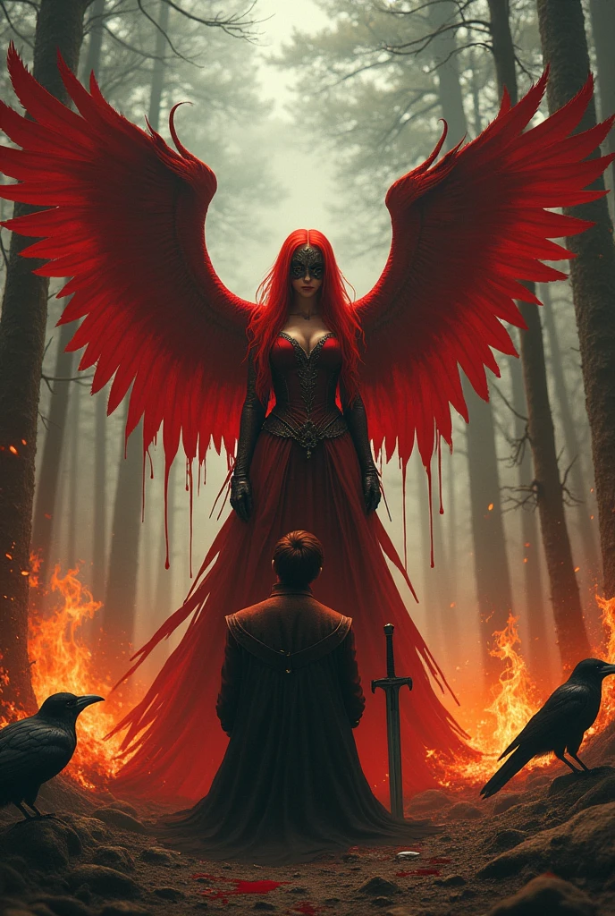 Let there be a red-haired and masked Lady in a forest on fire,have big, broken, red wings.A dark-haired prince kneels before her. He looks into her eyes, imploringly..Let it be the sword that hides behind the lady.Let there be fire all around and big crows everywhere.One of the crows is on the prince's shoulder and is injured..Let the princess be masked and let blood flow from her large wings, Let there be a sword stuck into the ground next to him, Let blood drip from the sword