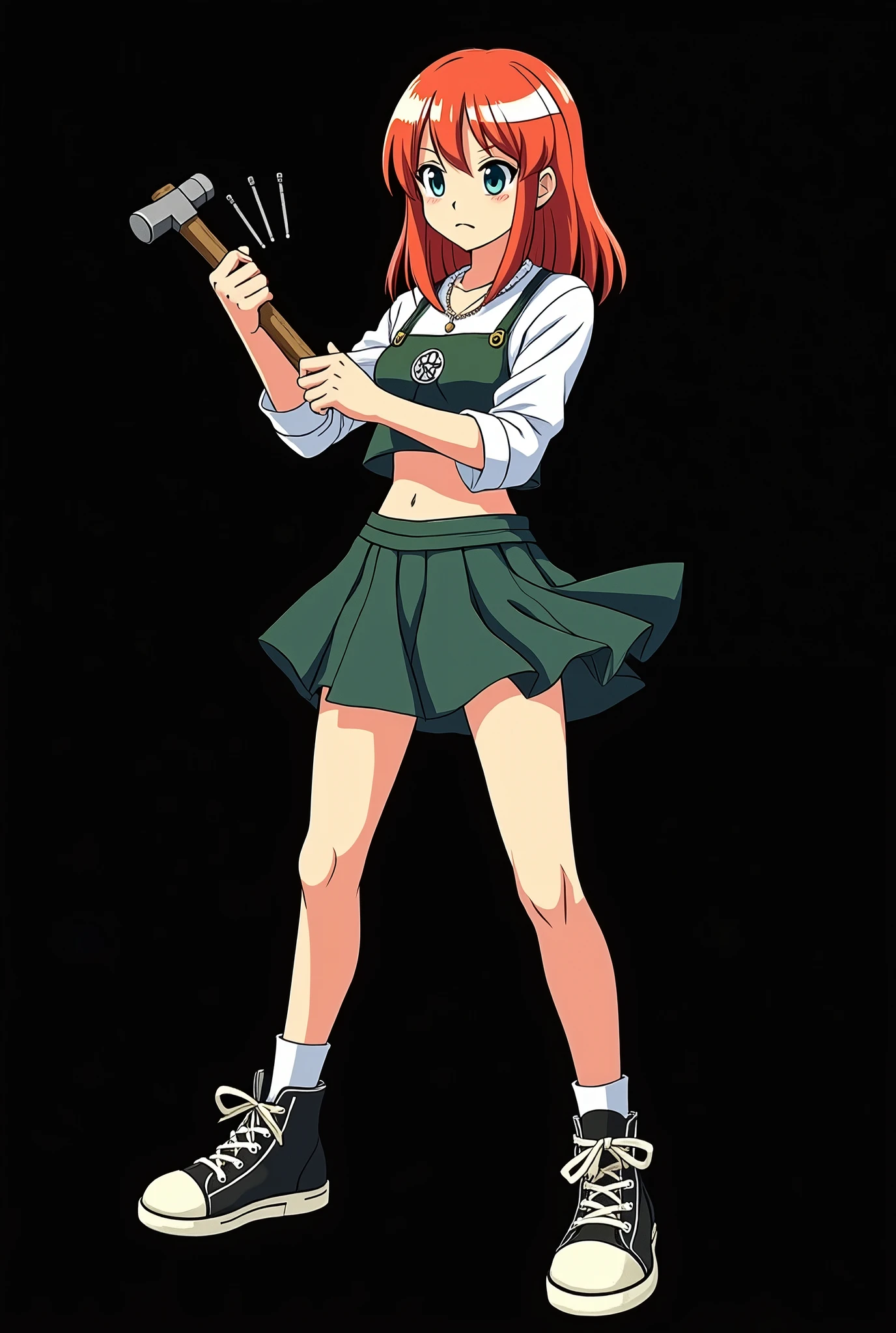 A full body image of an 1 girl named Hana Watanabe, personagem do anime "dragonball z", she is very beautiful, with medium length straight fire-colored hair with two white highlights in the front, framing your face. She has blue-green eyes and pale skin.. she is a Wiccan, she is in fighting pose. she wears a pentagram necklace, croped, glued skirt, beautiful women's high-top shoes and ¾-long socks, she holds a common nail hammer and nails. It is drawn with Akira Toryama's animation. black backdrop.