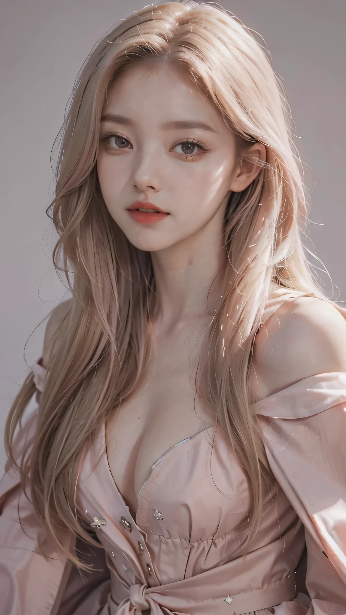 Girl wearing, luxury pink coat, shoulder length hair, wavy hair, glowing skin, star in eye, red lips, grey background, cute poses , upper body, light blonde hair