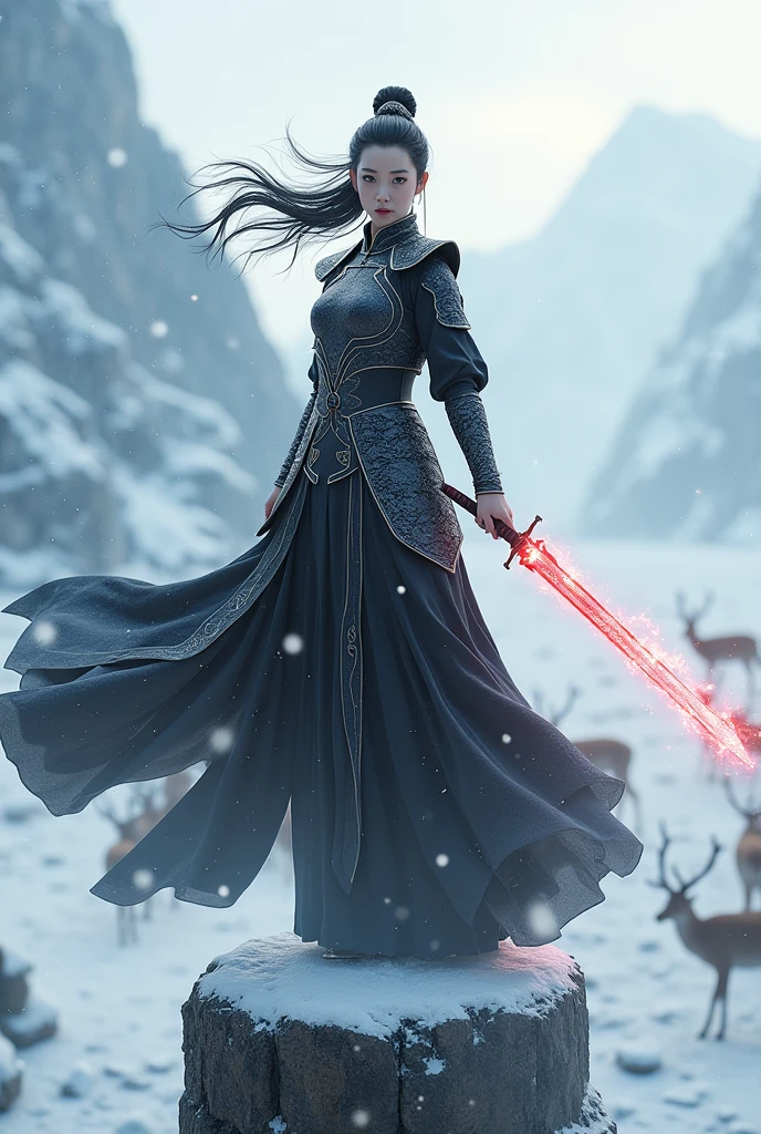 (masterpiece, best quality, beauty, best ratio, best shadows,best Illustration, wallpaper size,1080×2400 pixels)
uhd, china female kungfu, korean beauty like tae yon, dancing, full posture fully visible, shining blue eyes, windblown hair, wear black mate full general armory with elegant swans emblem, hand holding a sword emits red energy, on top of the snowing pillar. morning sky snowing mountain,deer seen on far away. use the RenderMan renderer.digital art. High definition, high contrast,high color saturation,128k,cinematic lighting, intricate,cinematic advertising photograph,cinema lens,high res.