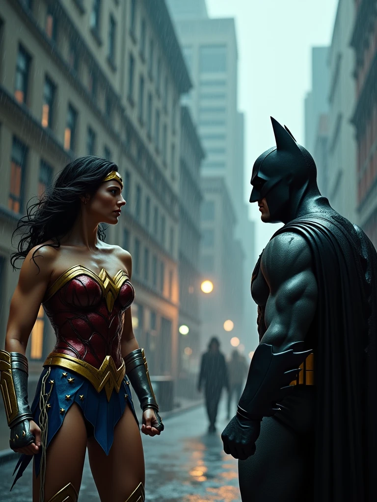 a cinematic wide shot of wonder woman and batman in an epic fight in a heavy rainy gotham city night, dramatic rain and puddles, full body, high detailed hero outfits, wet hair and skin, ultra realistic, 4k, vfx effects, cinematic scene, water droplets, dramatic lighting, dramatic atmosphere, dramatic action, dramatic weather, dramatic effects, masterpiece, (best quality,4k,8k,highres,masterpiece:1.2),ultra-detailed,(realistic,photorealistic,photo-realistic:1.37),HDR,UHD,studio lighting,ultra-fine painting,sharp focus