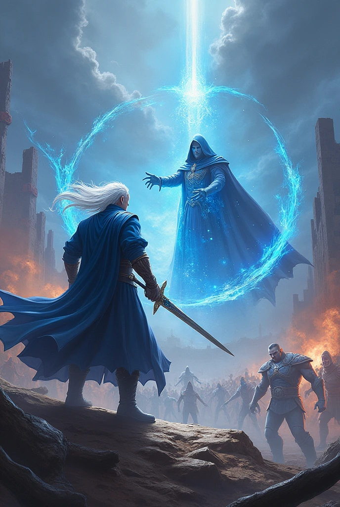 1 BLUE-EYED SWORDSMAN WITH WHITE HAIR AND A WIZARD FIGHTING MONSTERS IN A WAR SCENARIO