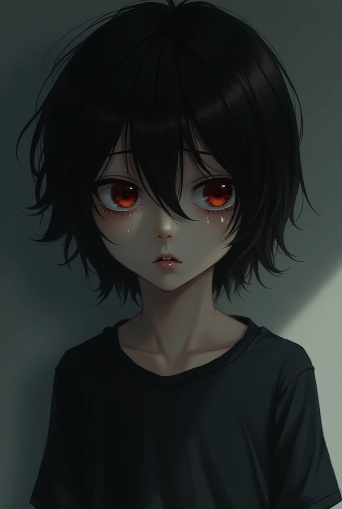 Boy with shoulder length black hair in a black t-shirt crying