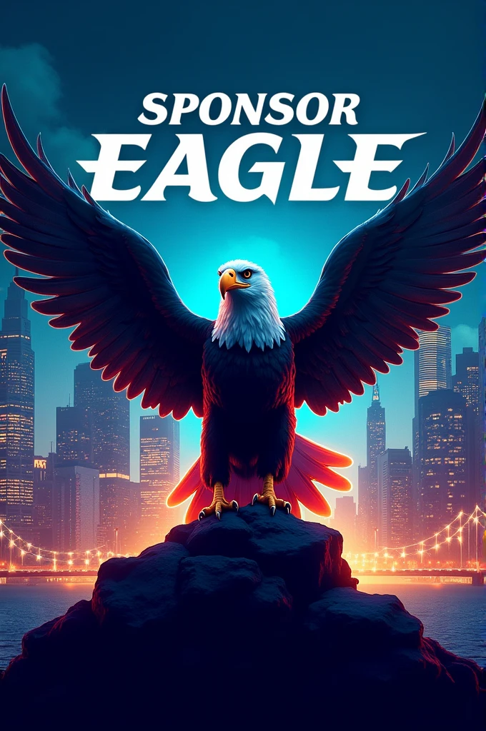 Image with sponsor name, stylized eagle background image and city at night