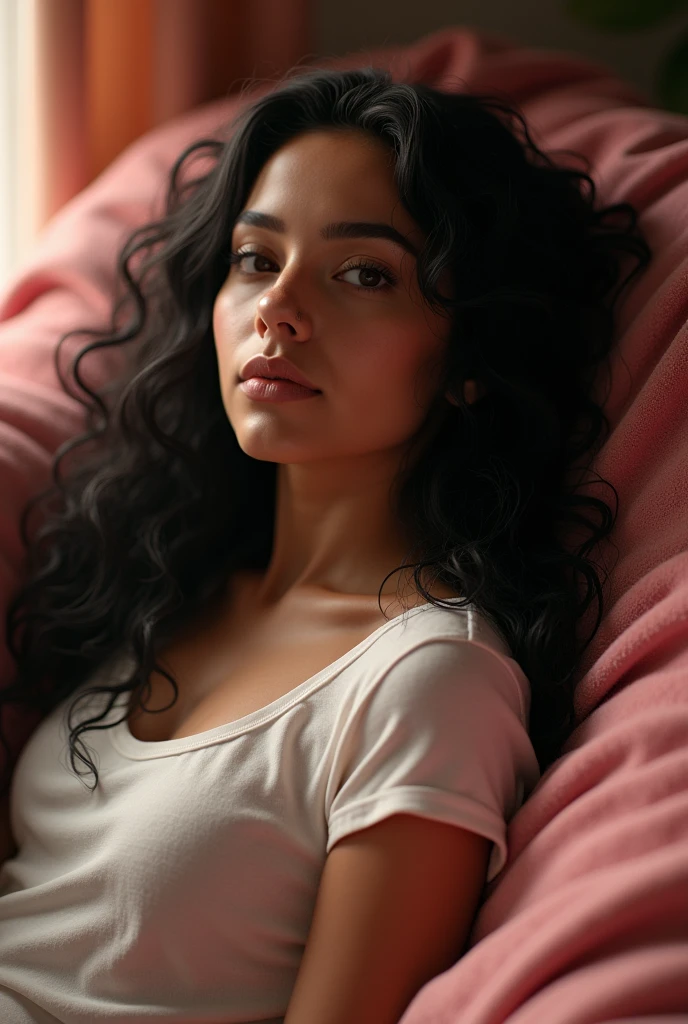 (photorealism:1.2), beautiful woman, latina, wearing t-shirt, long black curly hair, indoors, soft lighting, pink velvet in background, relaxed pose, realistic, intricate details, warm colors